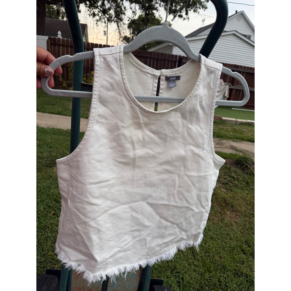 AERIE White Sleeveless Denim Blouse Split Back Frayed Hem Crop Top Size M